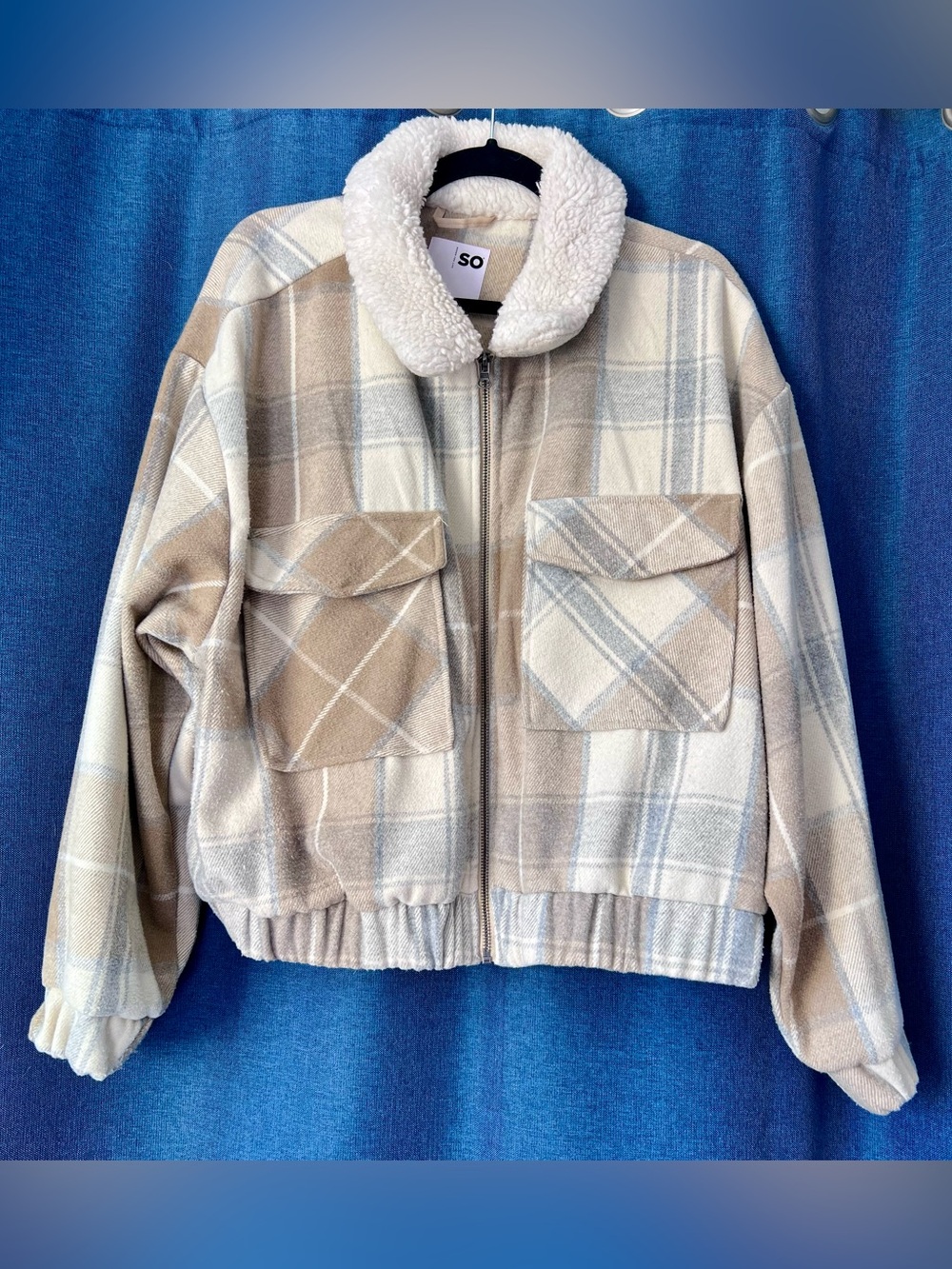 SO Beige & Cream Plaid Sherpa Collar Jacket